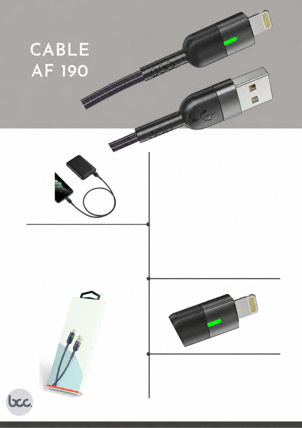 Cable AF190 Inteligente Apagado Automático 100% con LED Indicador - USB(A) a Tipo C / Lightning / Micro USB