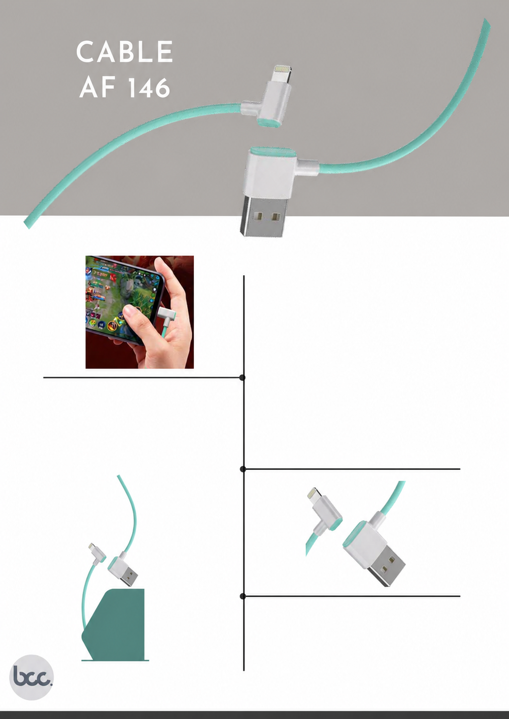 Cable AF146 Gaming Forma L 90° TPE — USB(A) a Tipo C / Lightning / Micro USB