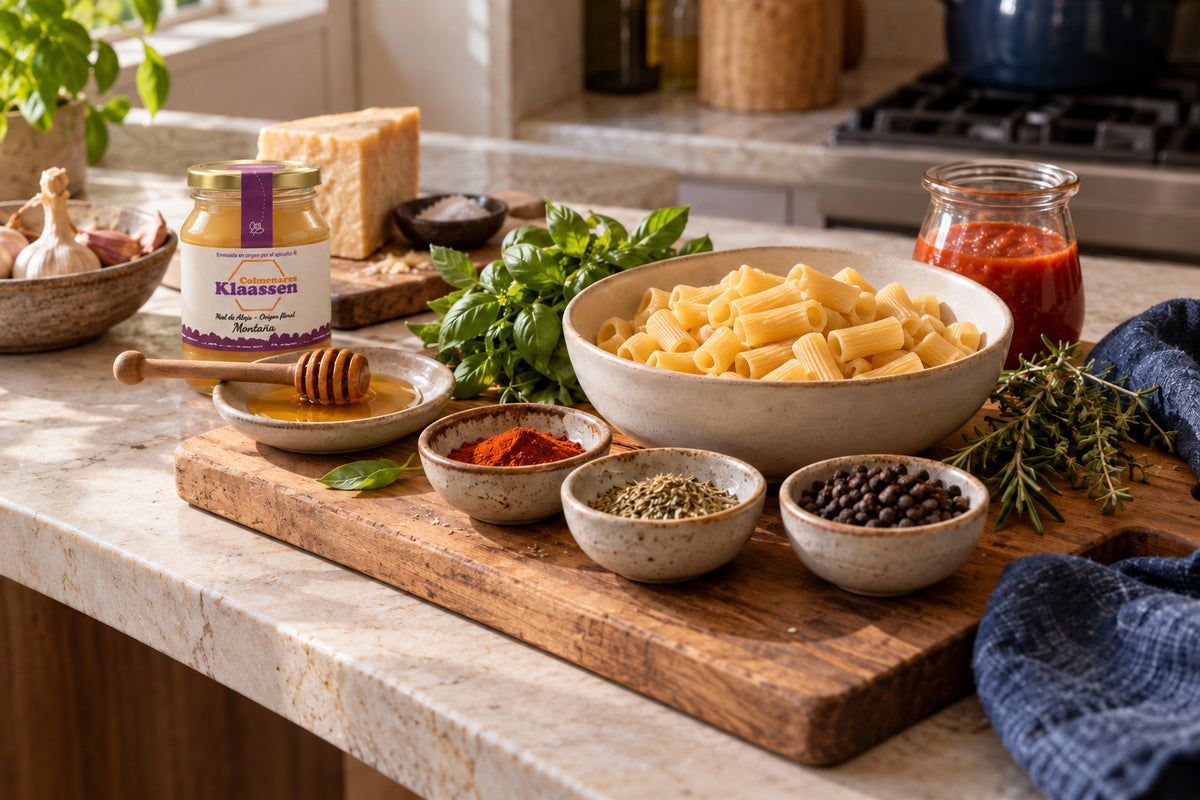 Pastas, especias y miel Klaassen en una cocina