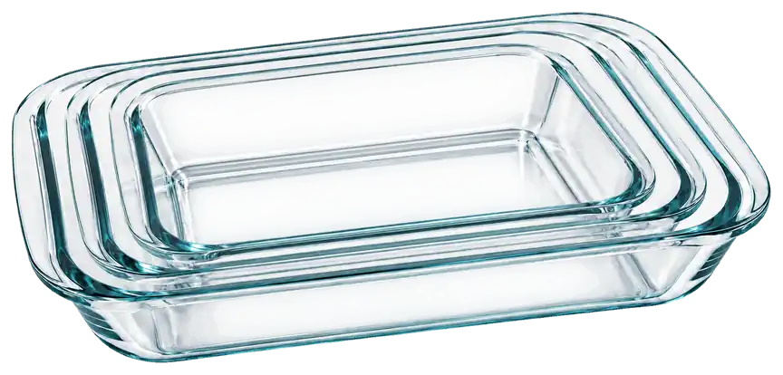Pack de tres fuentes rectangulares de vidrio Marinex de 1,6, 2,2 y 2,9 litros, apiladas una dentro de otra